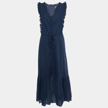 Pre Owned Polo Ralph Lauren Blue Cotton Sleeveless Ruffled Maxi Dress M