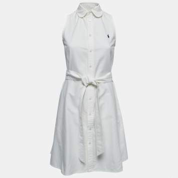 مملوكة مسبقًا Polo Ralph Lauren White Denim Belted Shirt Dress XS