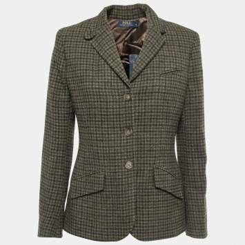 Pre Owned Polo Ralph Lauren Green Houndstooth Wool Button Front Blazer M