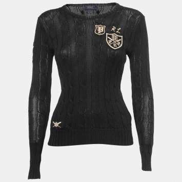 Pre Owned Polo Ralph Lauren Black Cotton Cable Knit Embroidered Patch Detail Crew Neck Sweater XS