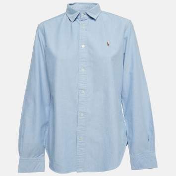 Pre Owned Polo Ralph Lauren Blue Logo Embroidered Cotton Button Front Shirt L