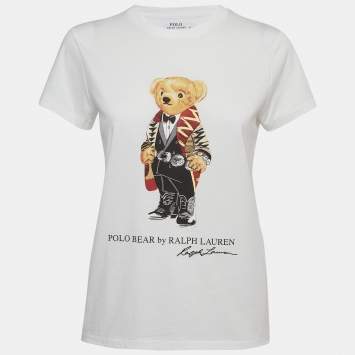 Pre Owned Polo Ralph Lauren White Teddy Print Cotton Half Sleeve T-Shirt S