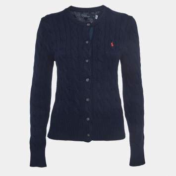 Pre Owned Polo Ralph Lauren Navy Blue Cable-Knit Cotton Crewneck Cardigan 