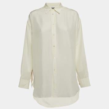 Pre Owned Polo Ralph Lauren Cream Silk and Suede Fringe Shirt Oversized M