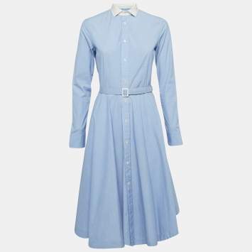 Pre Owned Polo Ralph Lauren Blue Cotton Button Front Belted Dress S