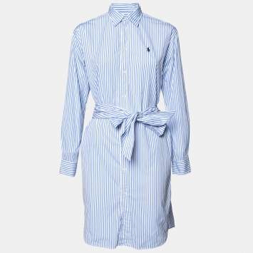 Pre Owned Polo Ralph Lauren Blue Striped Cotton Belted Shirt Dress M
