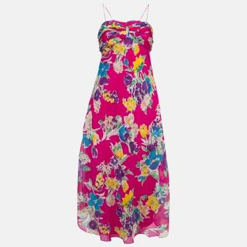 Pre Owned Polo Ralph Lauren Pink Floral Silk Spaghetti Strap Midi Dress M