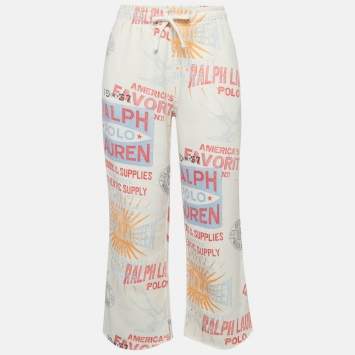 Pre Owned Polo Ralph Lauren White Graphic Print Fleece Athletic Trousers S