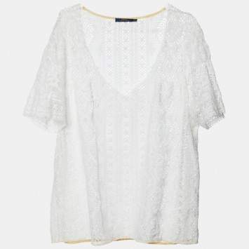 Pre Owned Polo Ralph Lauren White Lace V-Neck Blouse M