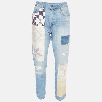 Pre Owned Polo Ralph Lauren Blue Patchwork Denim Avery Boyfriend Jeans S/Waist 32"