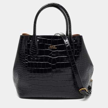 Pre Owned Polo Ralph Lauren Black Croc Embossed Leather Open Tote