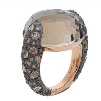Pre Owned Pomellato Smoky Quartz & Diamond 18K Rose Gold Tango Ring Size 50.5