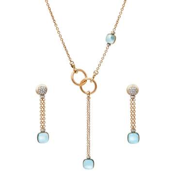 Pre Owned Pomellato Nudo Blue Topaz Diamond 18K Rose Gold Sautoir Necklace and Long Earrings Set 
