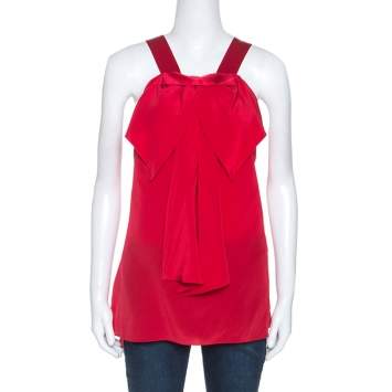 Pre Owned Prabal Gurung Red Silk Draped Bow Detail Sleeveless Top L