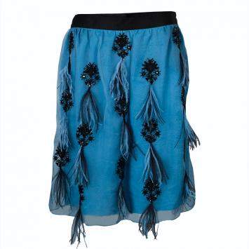 Pre Owned Prabal Gurung Blue Feather Detail Embellished Skirt M