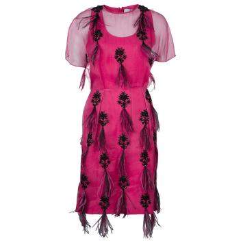 Pre Owned Prabal Gurung Pink Embellished Feather Detail Silk Dress M