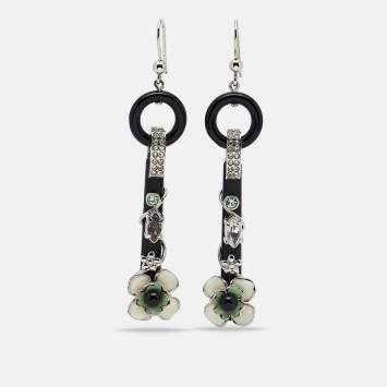 Pre Owned  Prada Flower Resin Crystals Enamel Silver Tone Drop Earrings