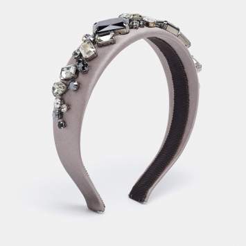 Prada Grey Crystal Embellished Satin Headband