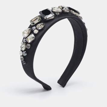 Prada Black Crystal Embellished Satin Headband