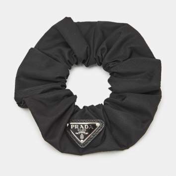 Prada Black Nylon Logo Plaque  Hair Scrunchie