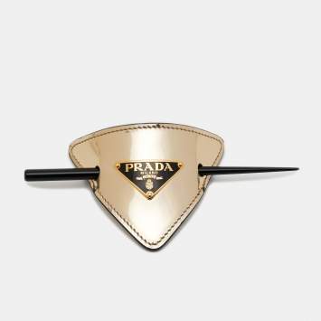 Pre Owned Prada Gold Patent Leather Logo Plaque Hair Clip