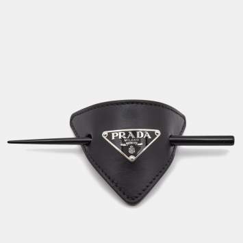 Pre Owned Prada Black Leather Resin Silver Tone Hair Clasp