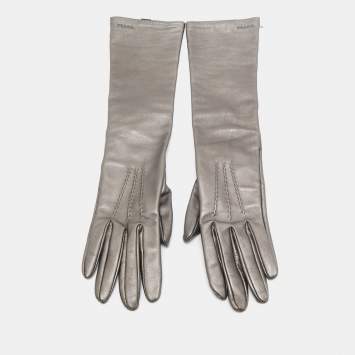 Pre Owned Prada Metallic Silver Leather Long Gloves Size 7.5