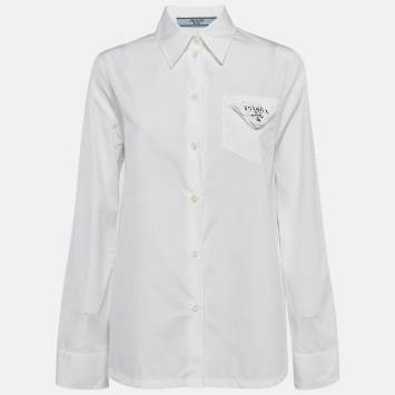 Pre Owned Prada White Poplin Logo Applique Detail Shirt M