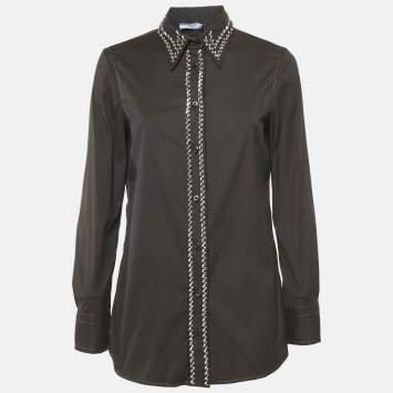 Prada Cacao Brown Embellished Poplin Button Front Shirt M