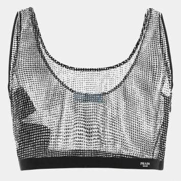Prada Black Rhinestone Mesh Sheer Crop Top M