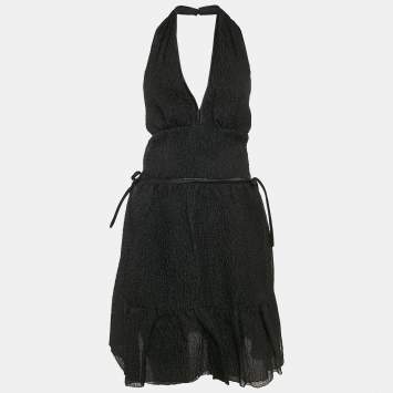 Prada Black Textured Organza Silk Halter Neck Mini Dress M