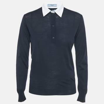 Pre Owned Prada Navy Blue  Wool Knit Contrast Collar Pullover XS