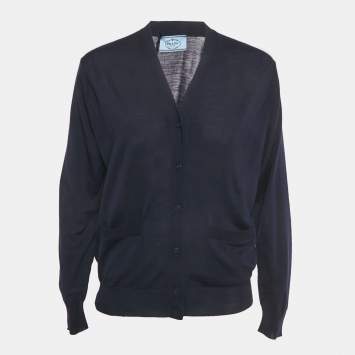 مملوكة مسبقًا Prada Navy Blue Wool Button Front Cardigan XS