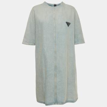 Pre Owned Prada Blue Triangle Logo Detail Washed Denim Short Sleeve Shirt Dress M