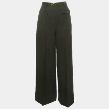 Pre Owned Prada Green Gabardine Belted High Waisted Trousers XS