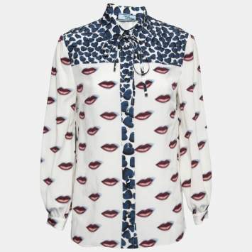 Pre Owned Prada White Lips & Hearts Print Silk Front Tie Neck Shirt S