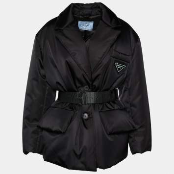 Pre Owned Prada Black Re-Nylon Gabardine Belted Puffer Jacket S