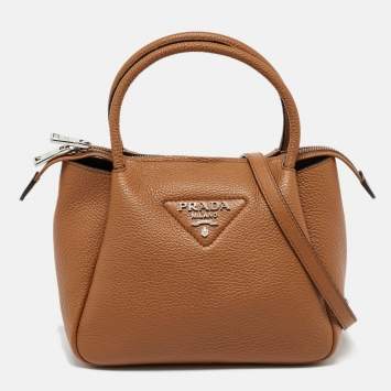 Pre Owned Prada Brown Leather Logo Embellished Mini Bag