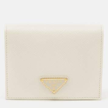Pre Owned Prada White Saffiano Leather Logo Flap Card Case