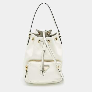 Pre Owned Prada White Patent Leather Duet Bucket Bag