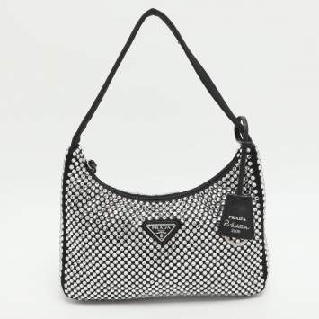 مملوكة مسبقًا Prada Re-Edition 2000 Black Satin and Crystals Shoulder Bag