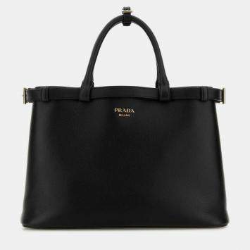 Pre Owned Prada Buckle Medium Black Calfskin Leather Tote Bag