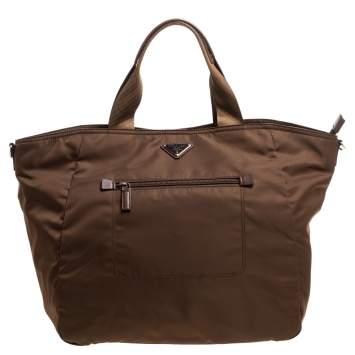 Pre Owned Prada Brown Tessuto Nylon Front Pocket Shopper Tote