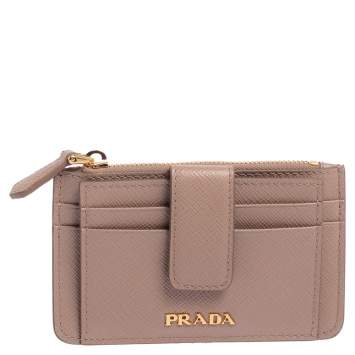 Pre Owned Prada Dusty Pink Saffiano Leather Zip Card Holder