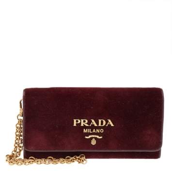 Pre Owned Prada Burgundy Velvet And Leather Flap Chain Wallet