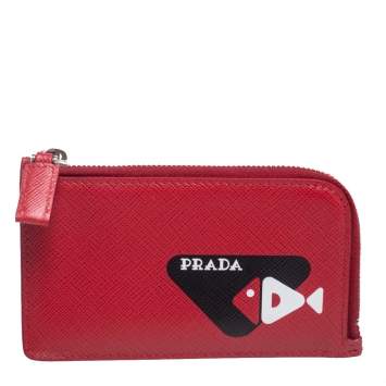 Pre Owned Prada Red Saffiano Leather Fish Sketch Zipped Card Holder
