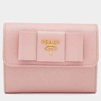 Prada Pink Saffiano Leather Bow Flap Compact Wallet