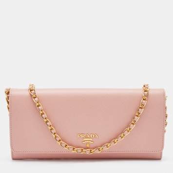 Pre Owned Prada Pink Saffiano Leather Wallet on Chain