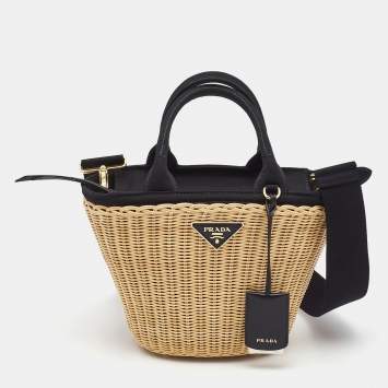 Pre Owned Prada Black/Natural Panier Wicker and Canvas Basket Tote 