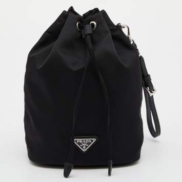 Pre Owned Prada Black Re-Nylon and Saffiano Leather Bucket Wristlet
